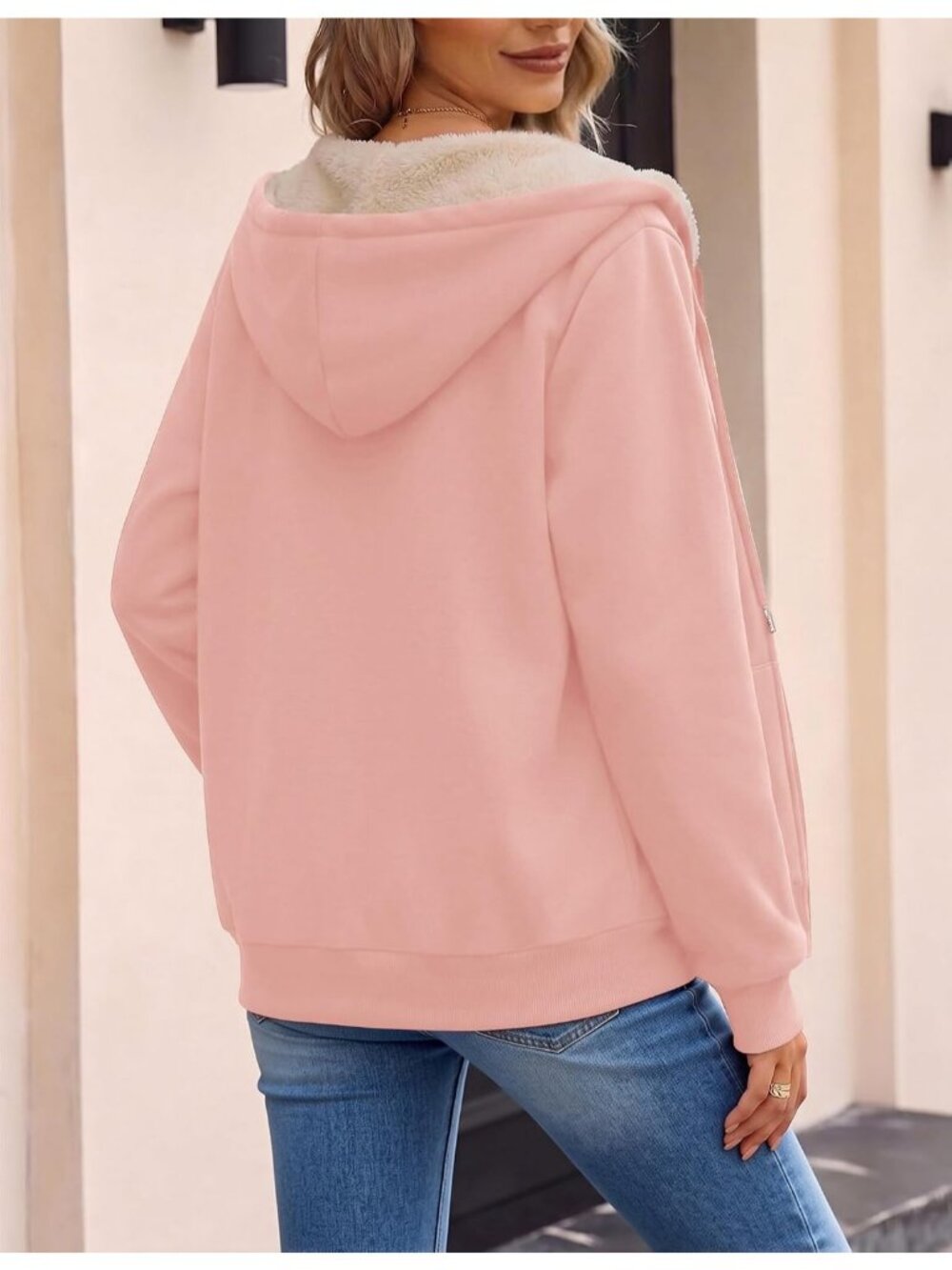 Women's Pink Fleece Lined Drawstring Hooded Kangaroo Casual Winter Jackets - Picture 6 of 6